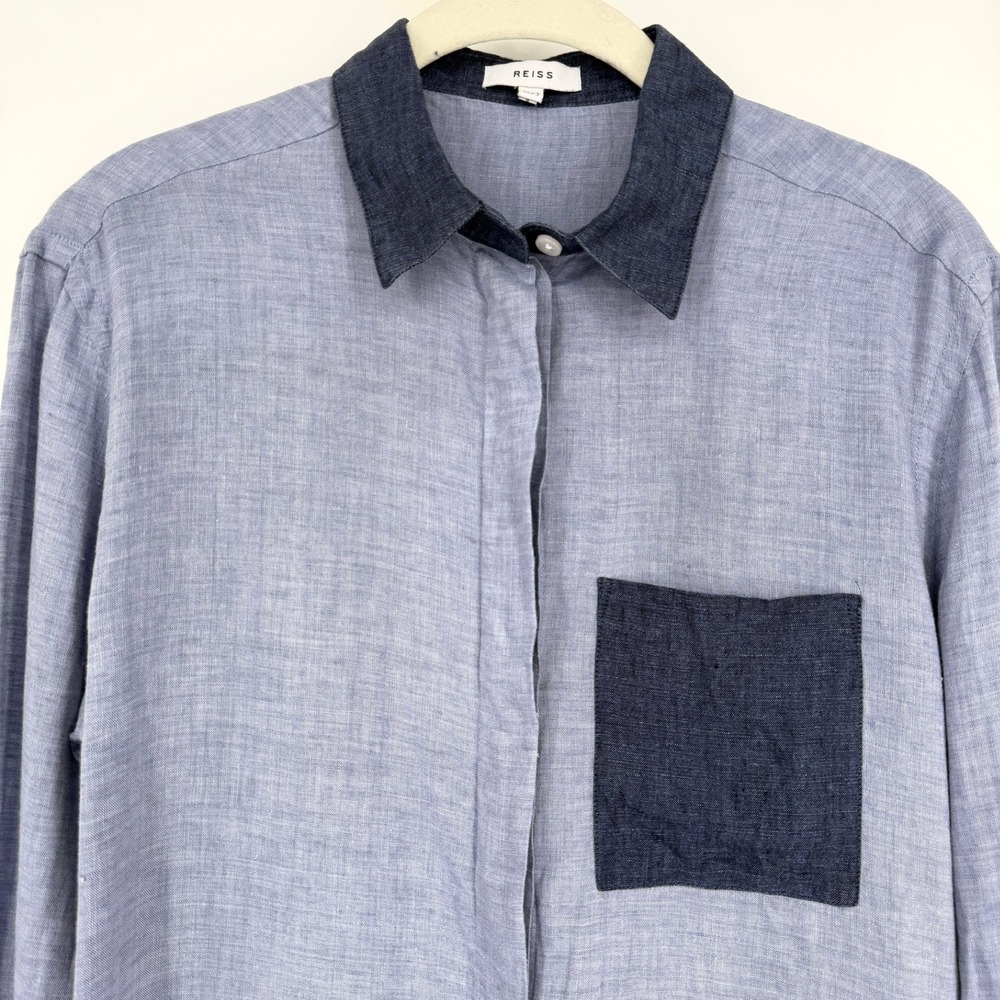 Reiss Lianna Linen Colorblock Button Down Shirt Blue Long Sleeve Lightweight 2 - Picture 9 of 16
